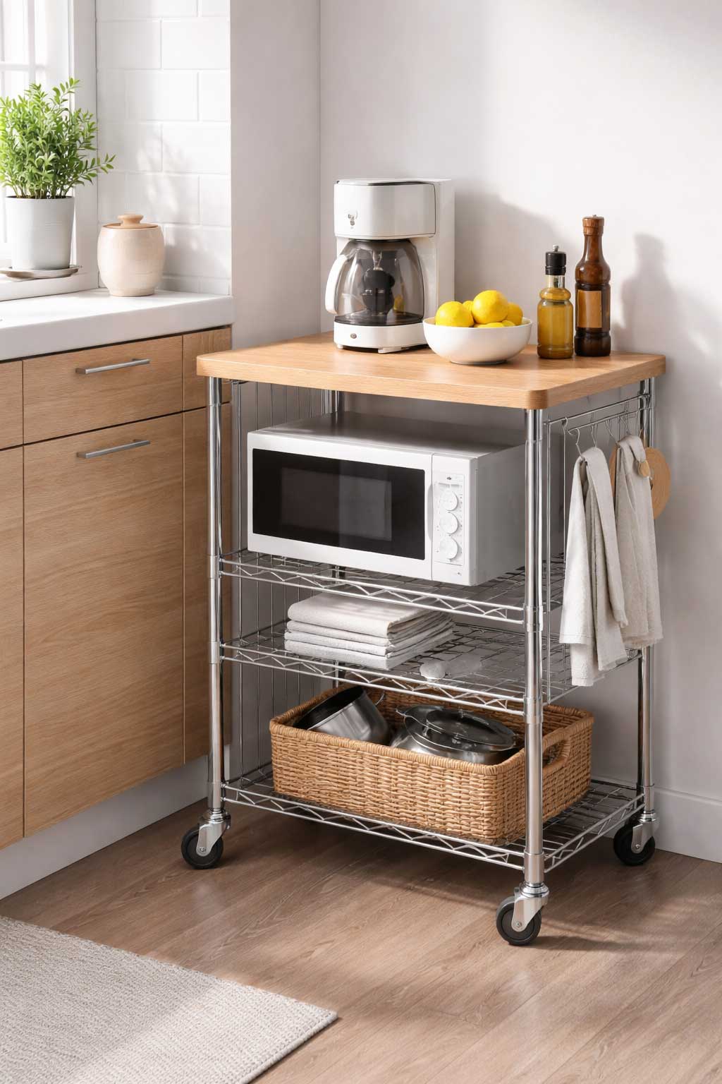 Compact rolling kitchen cart with wood top and metal shelves in a small apartment kitchen, holding a microwave, towels, and kitchen essentials.