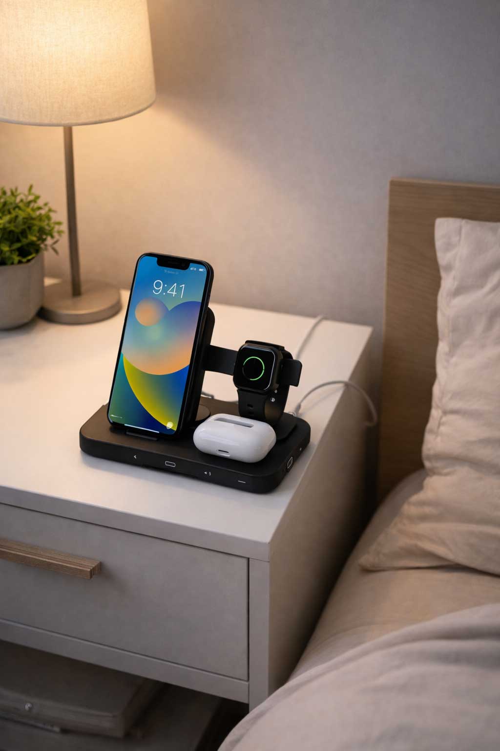 small apartment bedroom nightstand with charging station holding phone smartwatch and earbuds in modern minimal layout