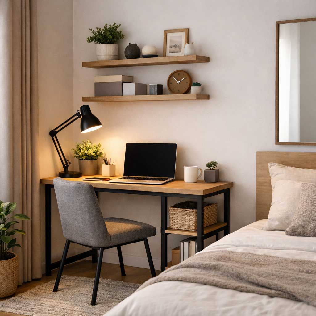 small apartment bedroom workspace with compact desk laptop chair and floating shelves in modern minimal layout