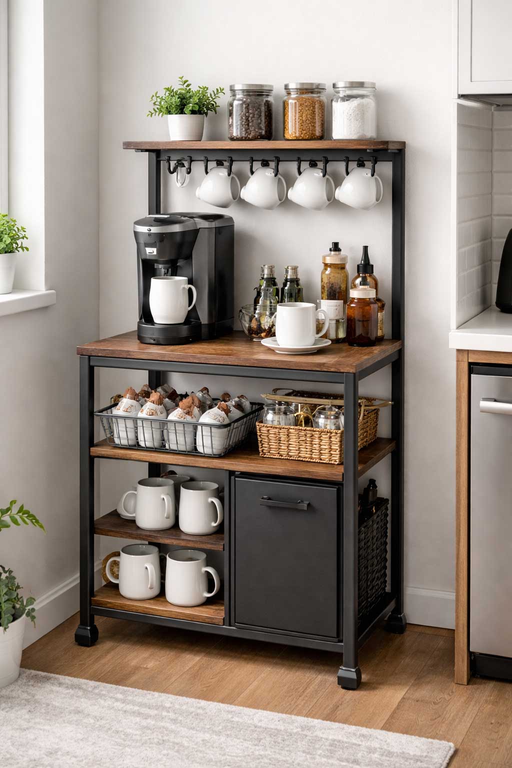 Small apartment kitchen with white mugs hanging from under-cabinet hooks above a compact coffee station with organized coffee accessories.