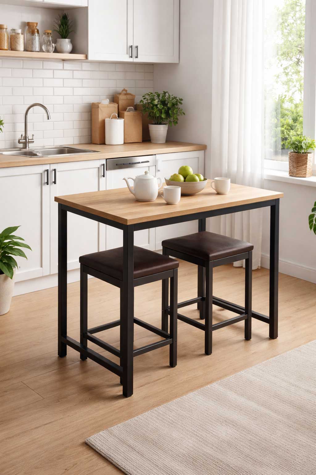 Compact two-person dining set with stools tucked under a narrow table in a bright, modern small kitchen.