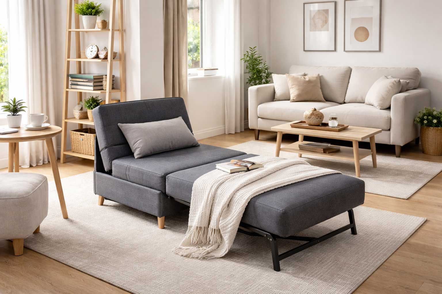 Convertible sleeper chair partially unfolded into a bed in a modern small apartment living room with neutral decor and space-saving furniture.