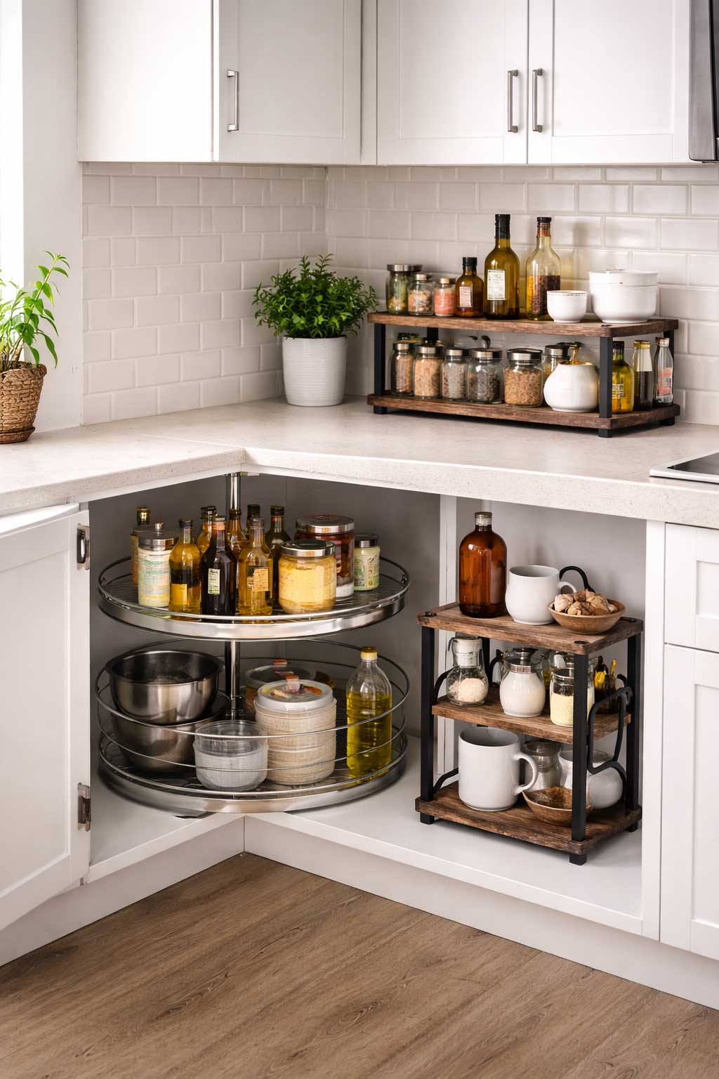 Small apartment kitchen corner featuring a rotating lazy susan inside a corner cabinet and tiered corner shelf organizers on the countertop for space-saving storage.