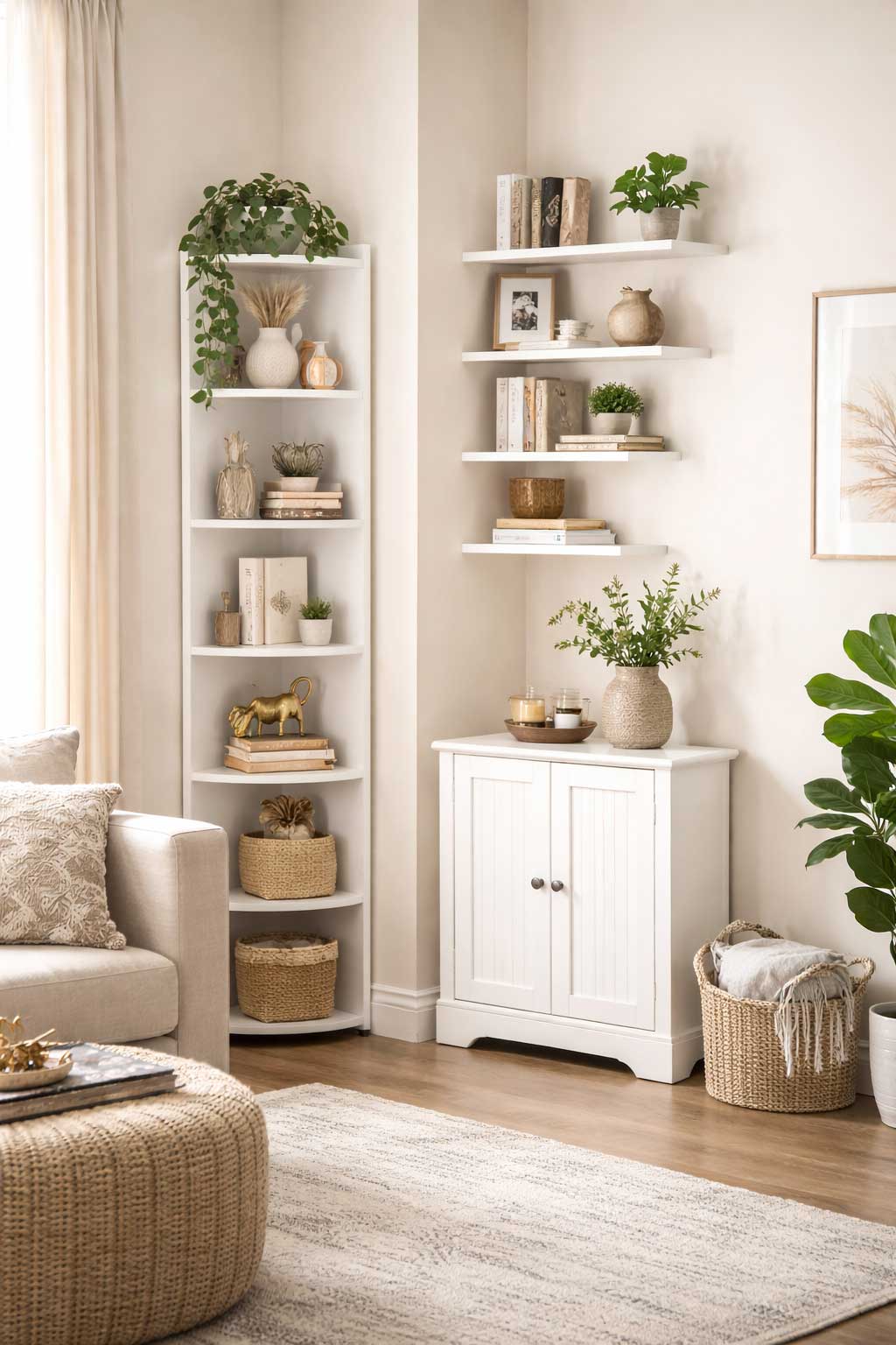 Small apartment corner with tall corner shelf, corner cabinet, and wall-mounted shelves
