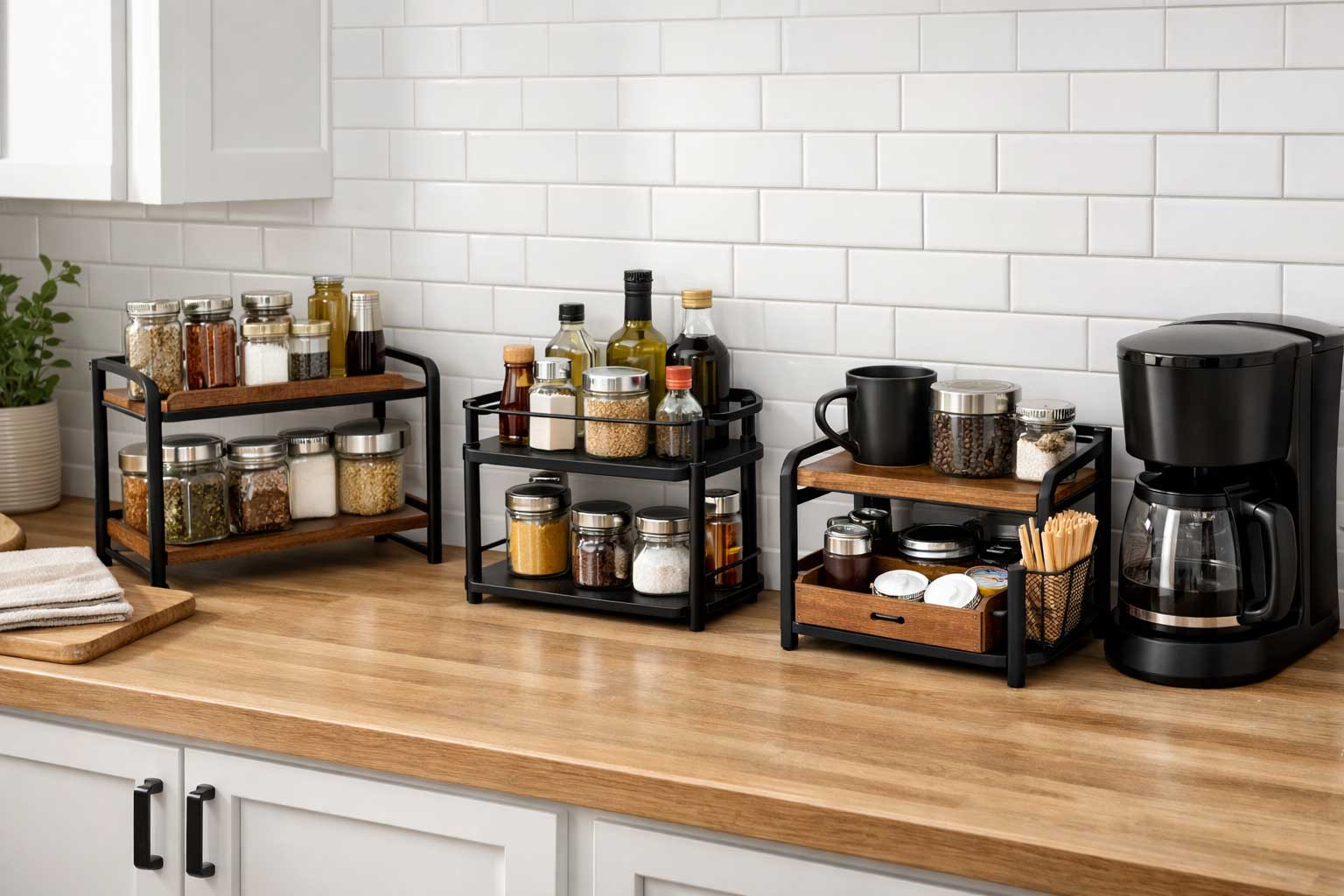 Organized small kitchen countertop featuring tiered spice racks, corner shelves, and coffee station storage organizers arranged neatly against a white tile backsplash.