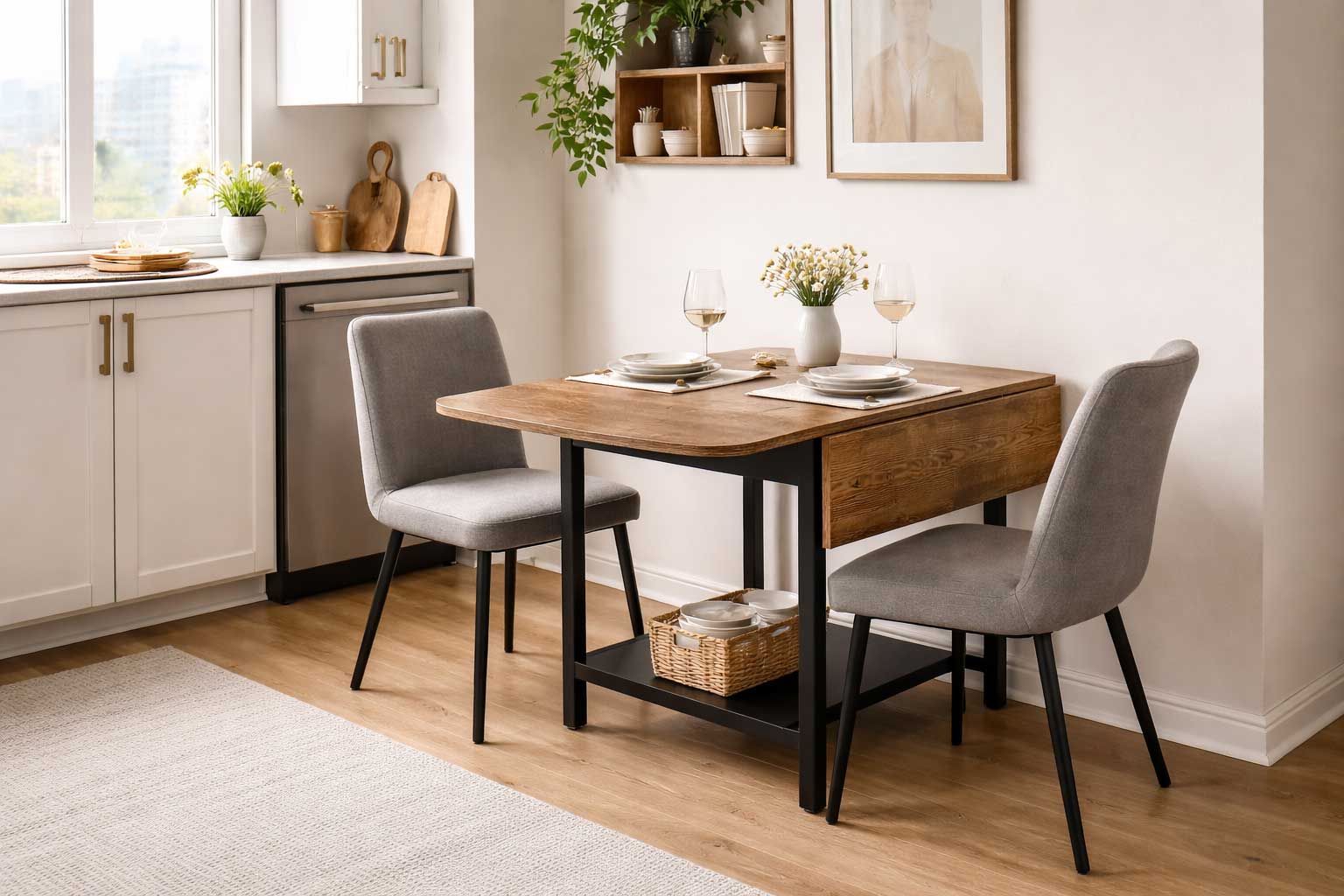Compact drop-leaf dining table with two chairs in a bright, modern small apartment kitchen.