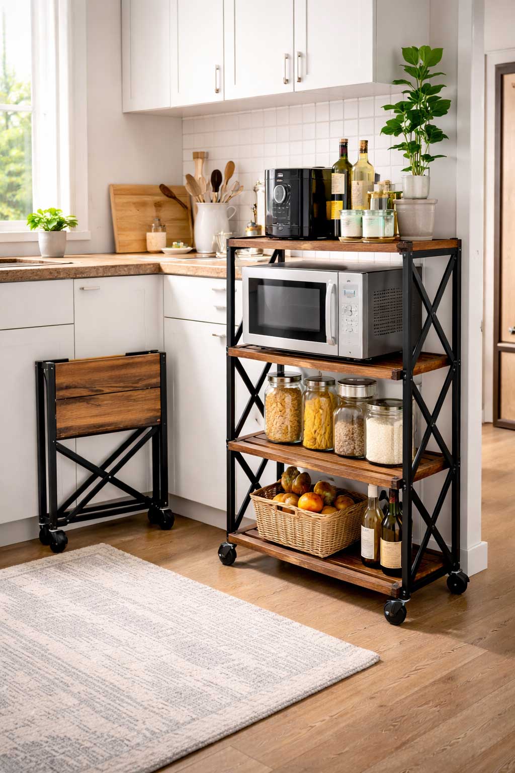 Foldable rolling kitchen cart with shelves and small appliances positioned beside a countertop in a bright compact apartment kitchen.