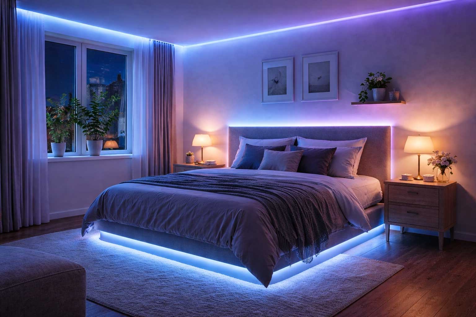 modern bedroom with LED strip lighting along ceiling and under bed creating colorful ambient glow in cozy apartment bedroom