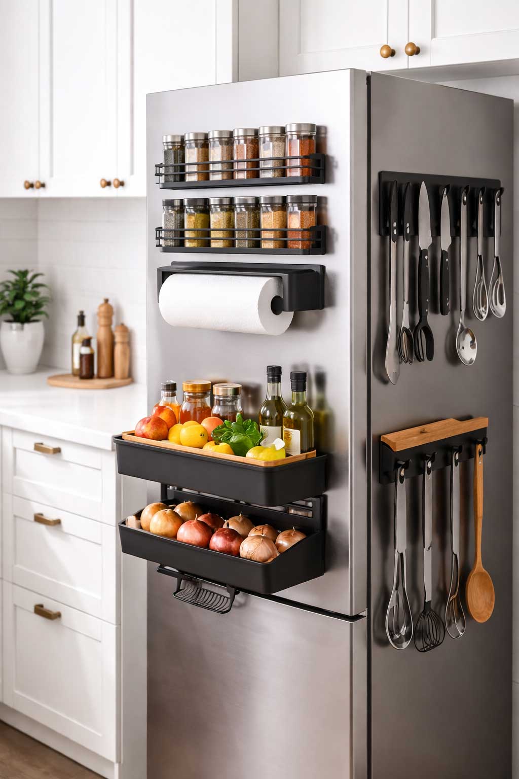 Magnetic spice racks, paper towel holder, and utensil strip mounted on the side of a stainless steel refrigerator in a small modern kitchen.