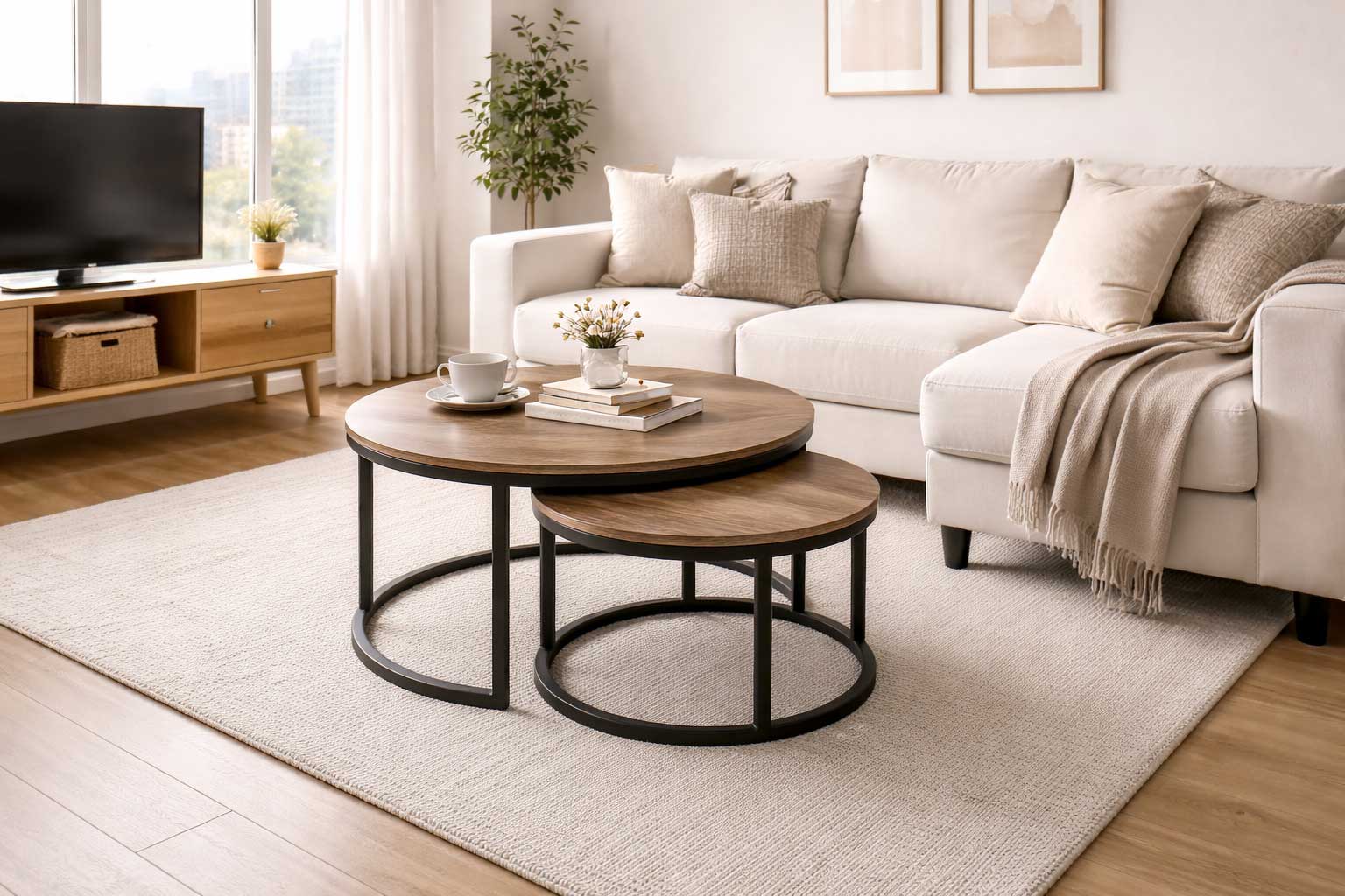 Round nesting coffee tables in a modern small apartment living room with a compact sofa and neutral decor.