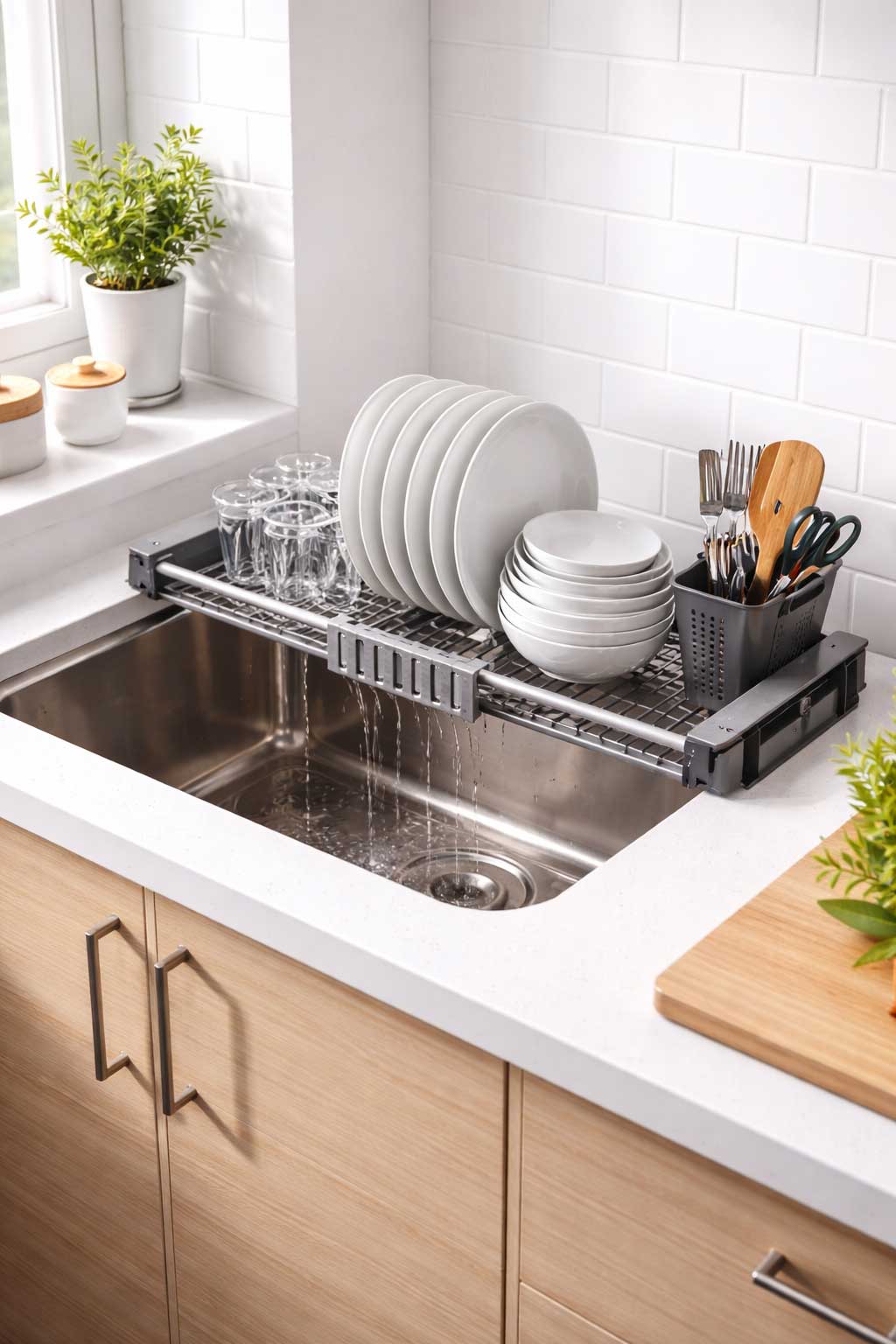 Over-the-sink dish drying rack holding plates, bowls, and utensils above a small apartment kitchen sink with water draining directly into the basin.