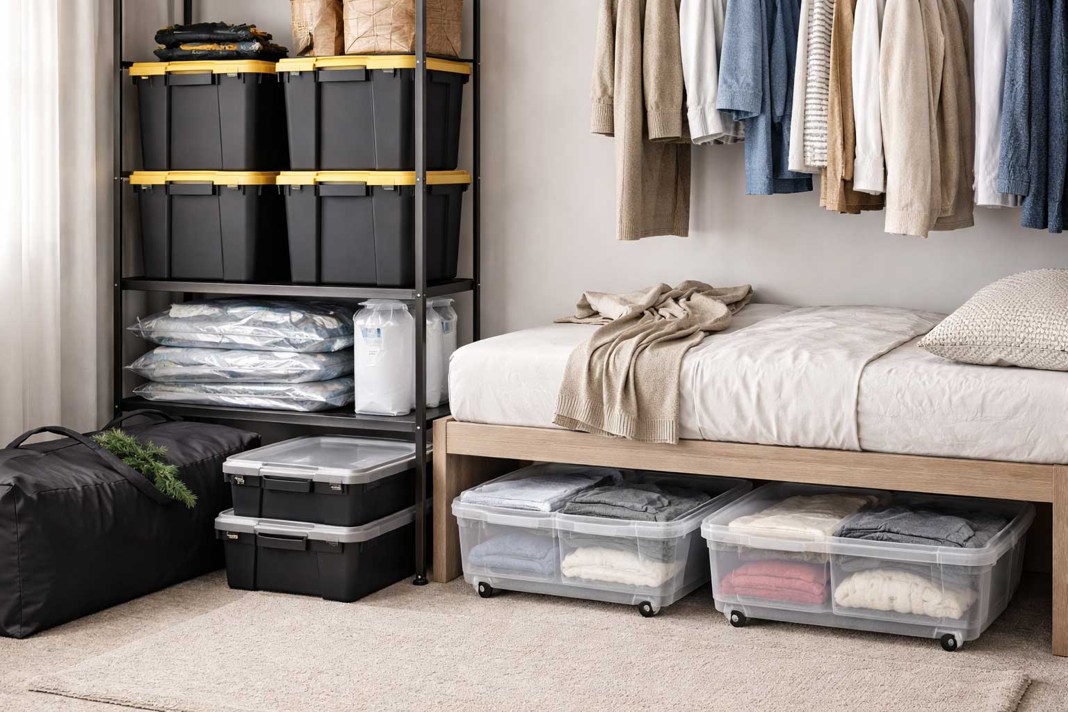 Small apartment bedroom with under-bed storage bins, stackable totes, and vacuum-sealed seasonal clothing