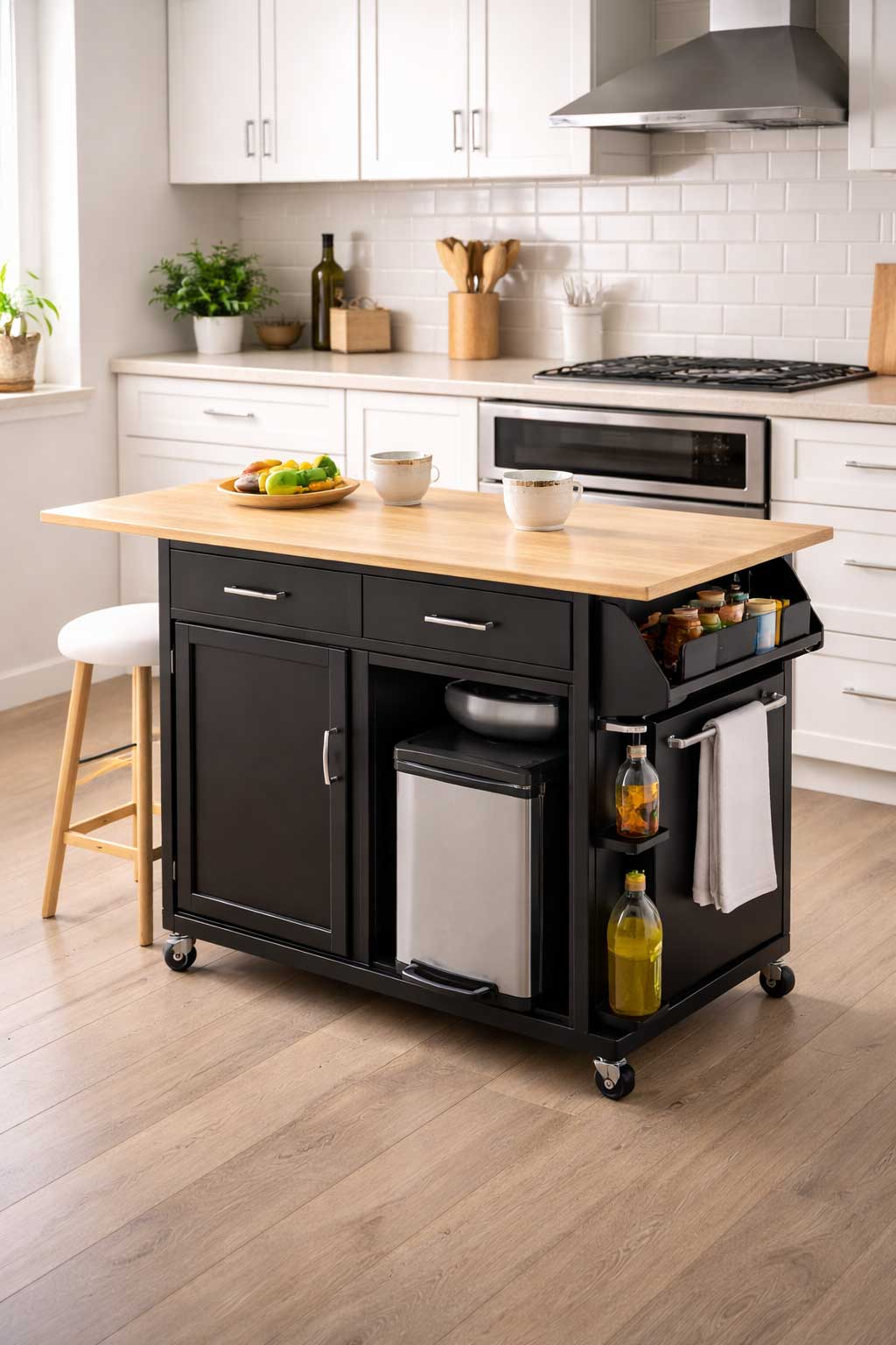 Slim rolling kitchen island with drop-leaf countertop and storage placed in a small modern apartment kitchen.