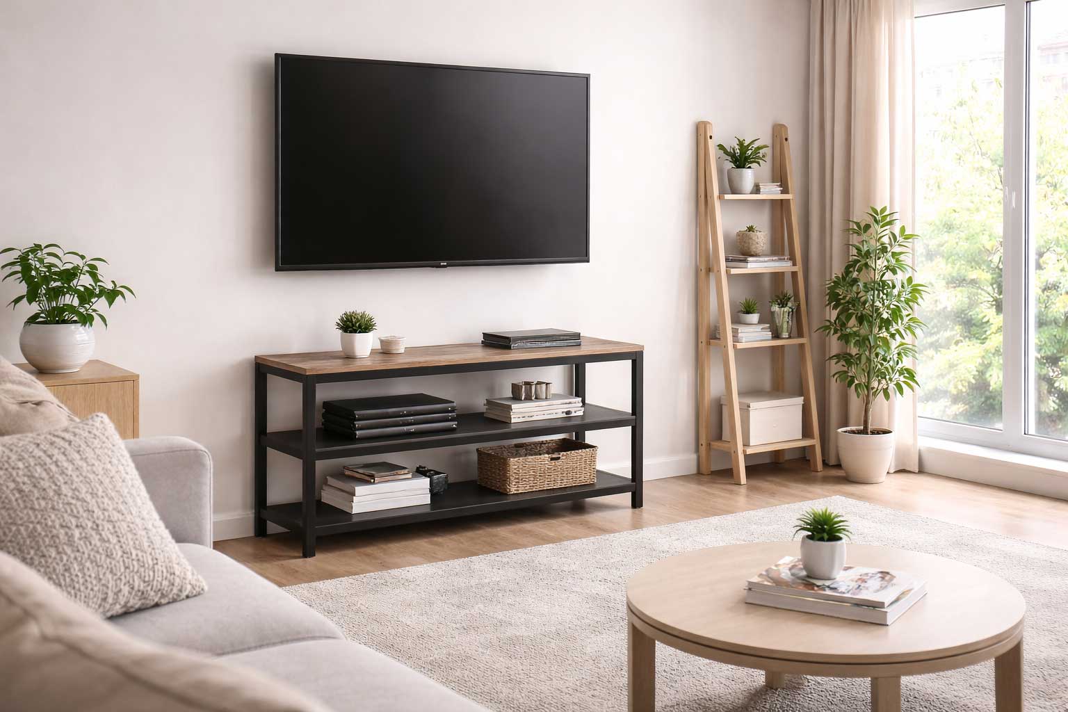 Slim TV stand beneath a wall-mounted television in a small modern living room with neutral decor and compact furniture.