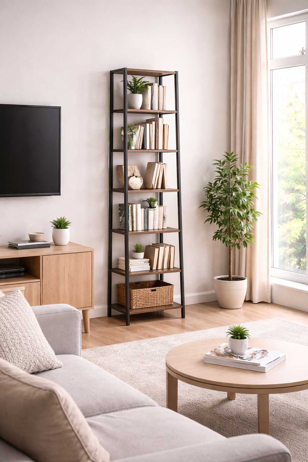 Tall narrow bookshelf against the wall in a bright small apartment living room with neutral decor and compact furniture.