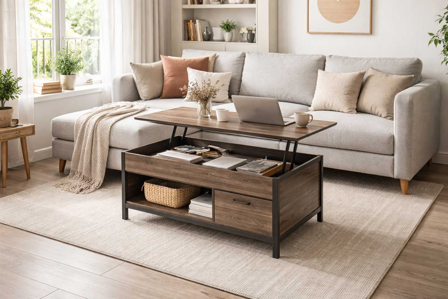Small apartment living room with a compact coffee table featuring hidden storage in a modern, space-efficient layout.