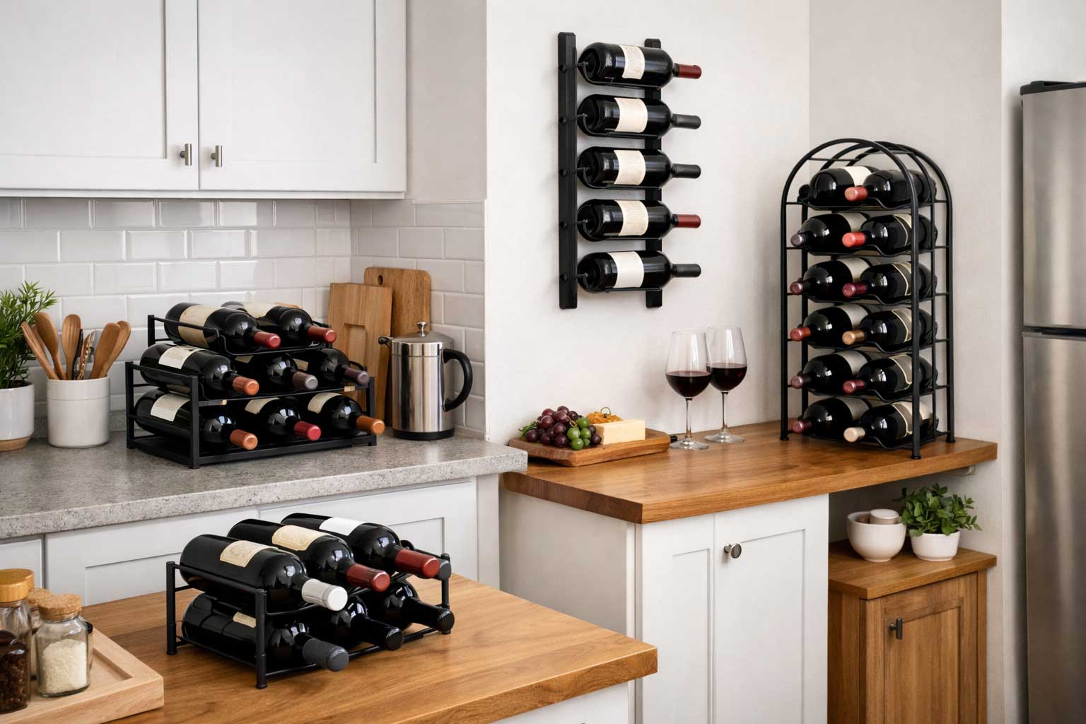Small apartment kitchen featuring a countertop wine rack, wall-mounted wine rack, and slim freestanding wine rack neatly organizing wine bottles in a modern compact space.