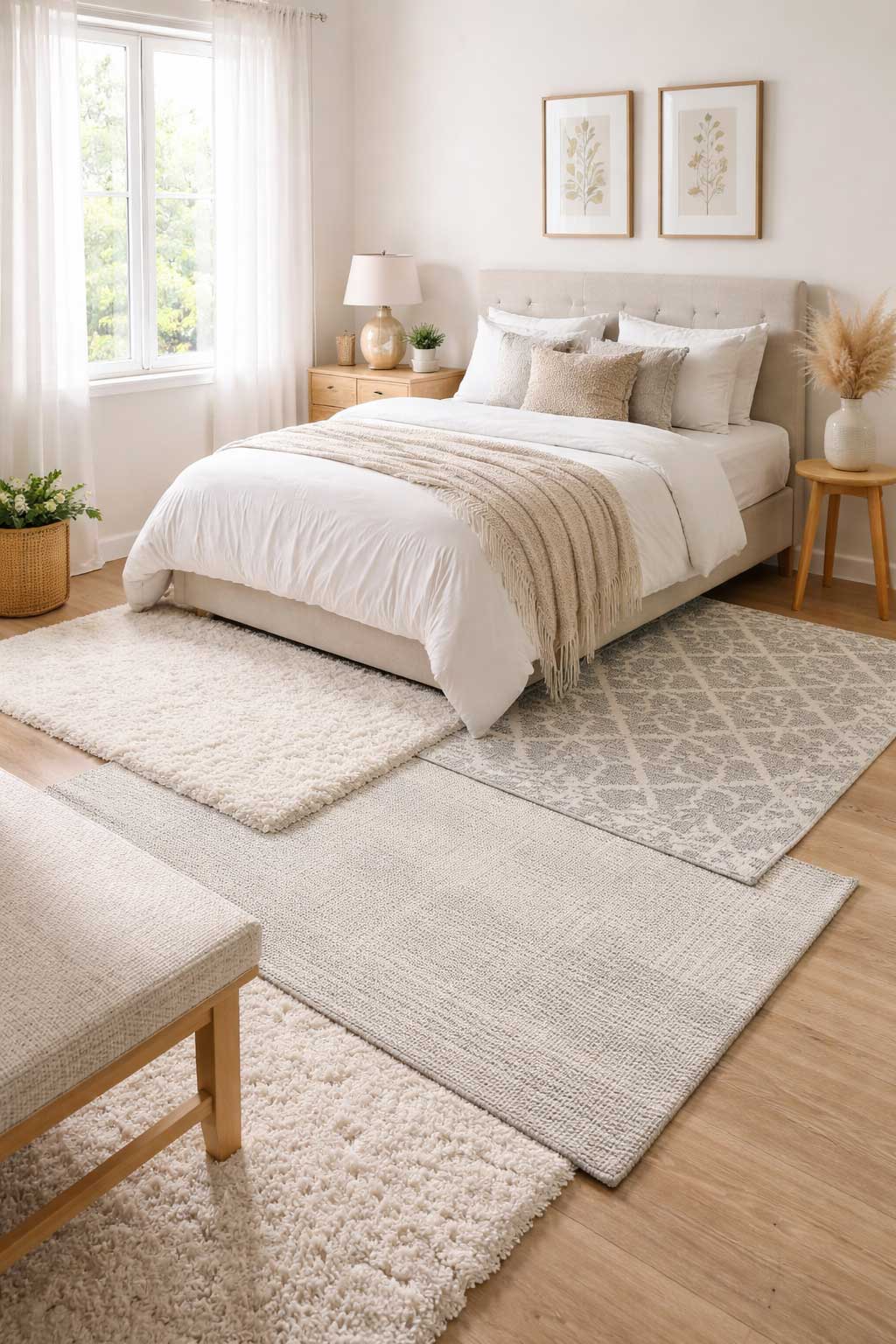 small apartment bedroom featuring layered small area rugs including plush bedside rug minimalist rug and geometric accent rug in bright neutral bedroom layout