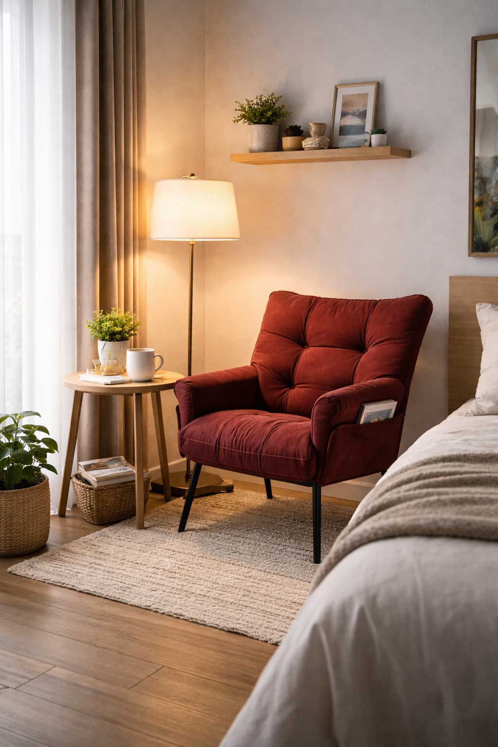 small apartment bedroom corner with cozy reading chair floor lamp and side table creating a comfortable reading nook