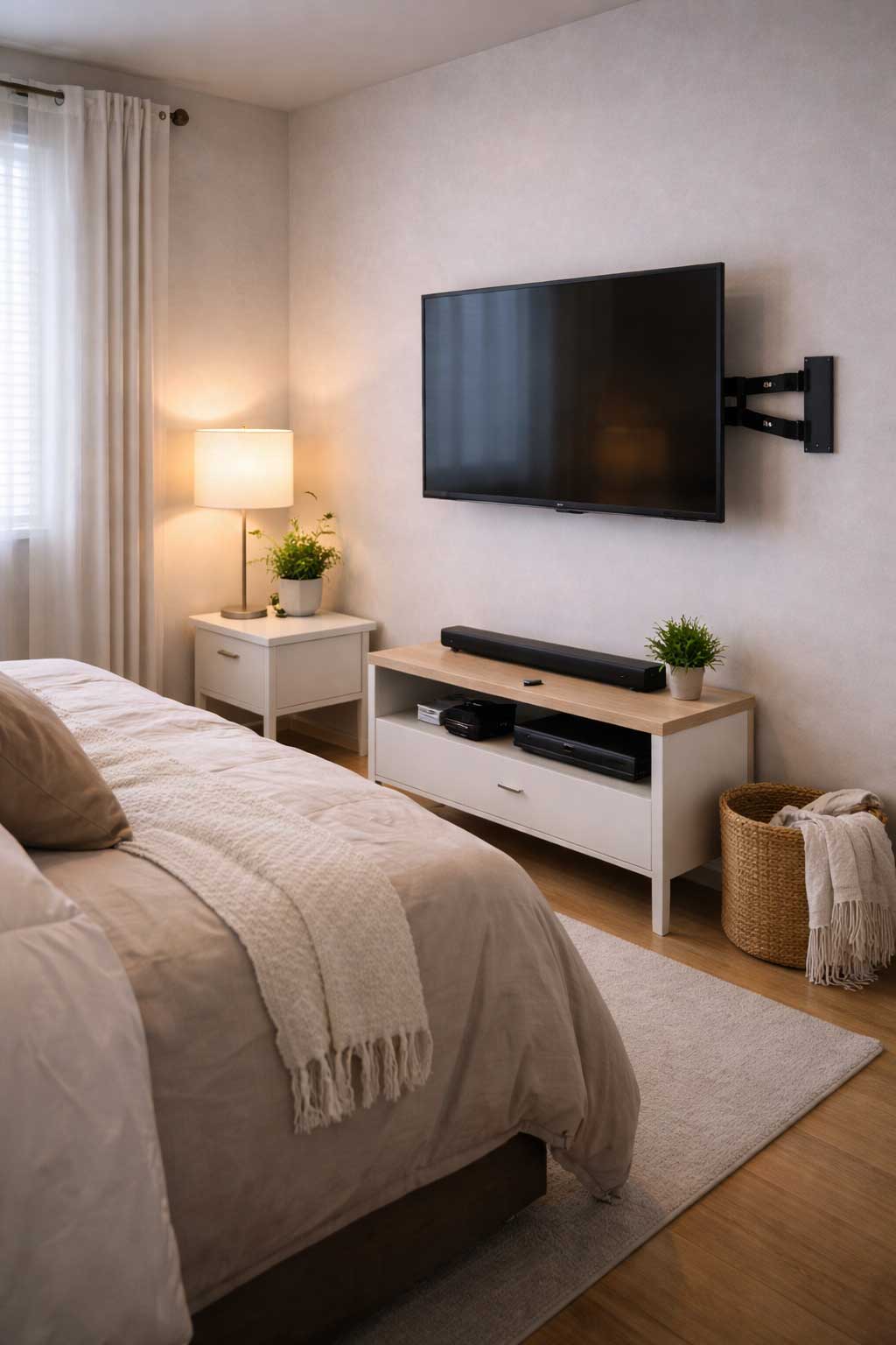 small apartment bedroom with wall mounted tv above compact tv stand creating a modern entertainment setup