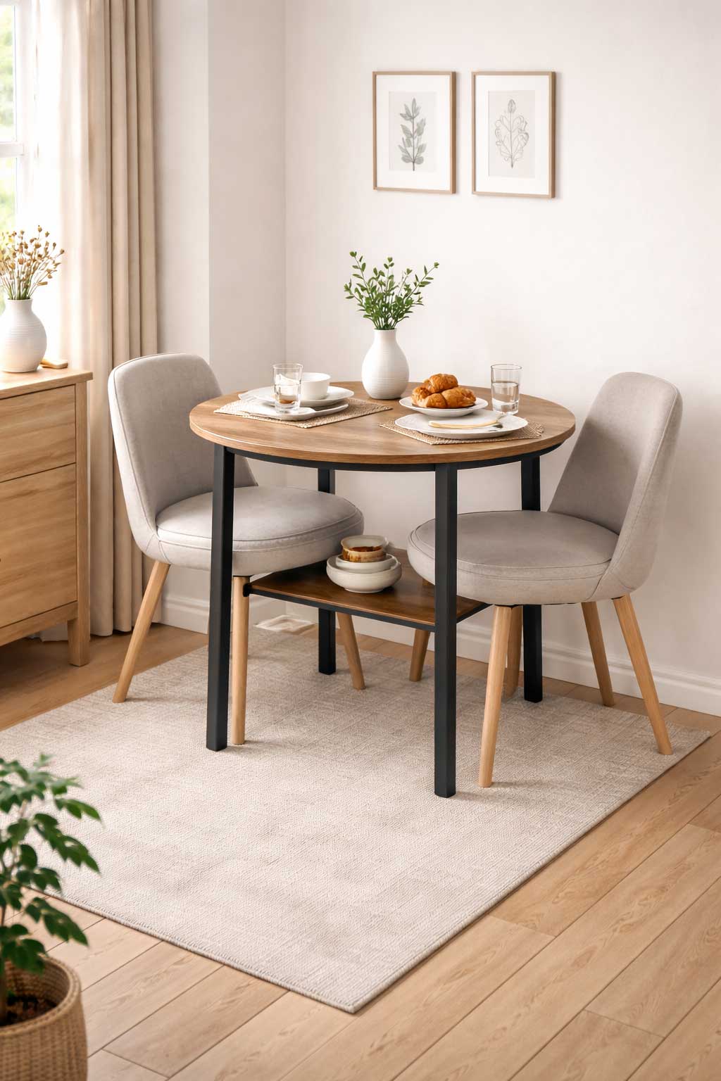 Small round dining table for two in a compact apartment dining nook with chairs tucked underneath and minimal decor.