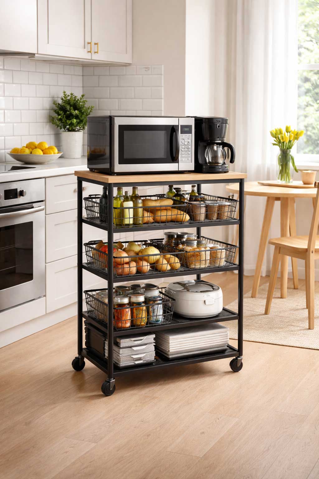 Bright small apartment kitchen with a multi-tier rolling appliance cart holding a microwave, coffee maker, and organized kitchen supplies on basket shelves.