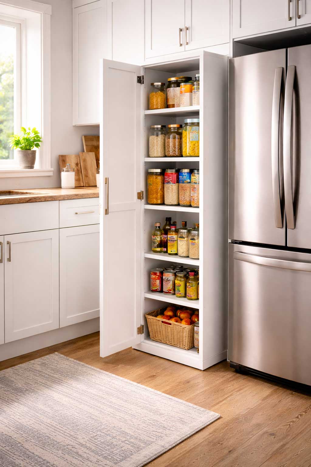 Tall slim pantry cabinet with organized dry goods and containers placed beside a refrigerator in a small modern kitchen.