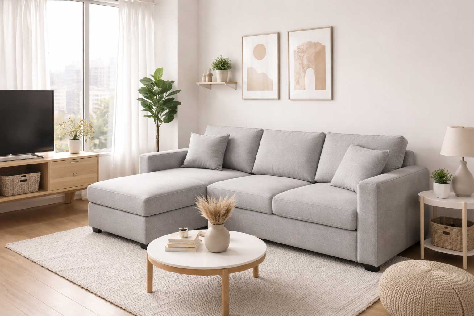 Compact L-shaped sectional sofa in a bright small apartment living room with a minimalist coffee table and neutral decor.