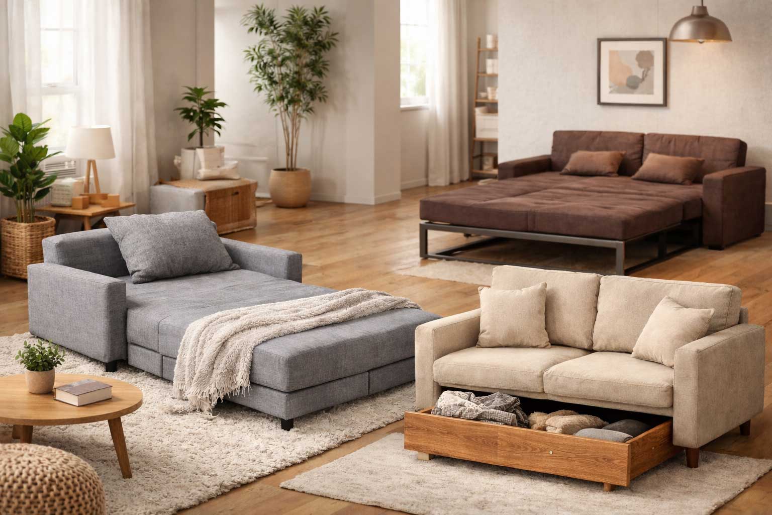 Small apartment living room with multiple compact sofa beds, including a gray chaise-style sleeper and a beige loveseat with storage drawer.
