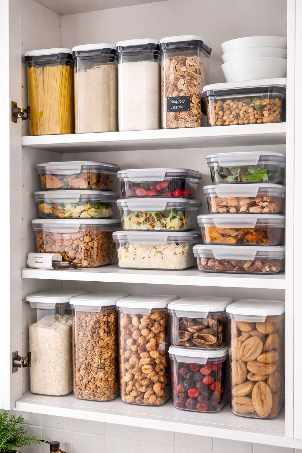 Stackable plastic and glass food storage containers neatly arranged in a small kitchen cabinet to maximize vertical storage space.