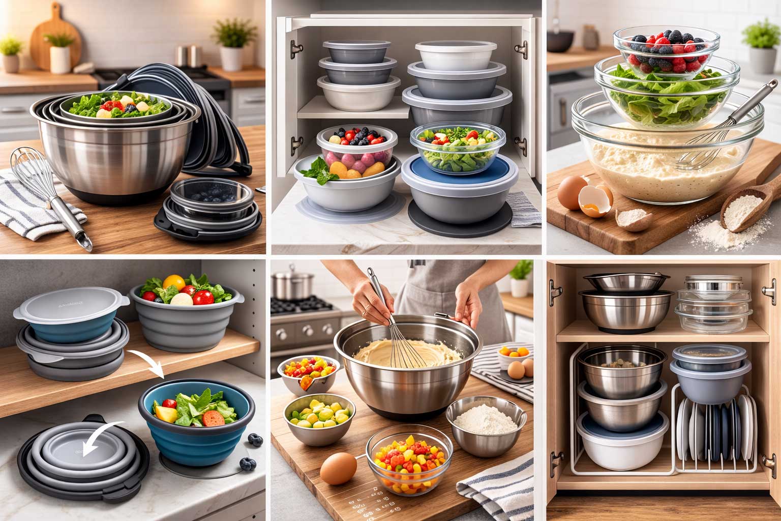 Small apartment kitchen cabinet displaying neatly nested stackable mixing bowl sets made of stainless steel, glass, plastic, and collapsible silicone organized for compact storage.