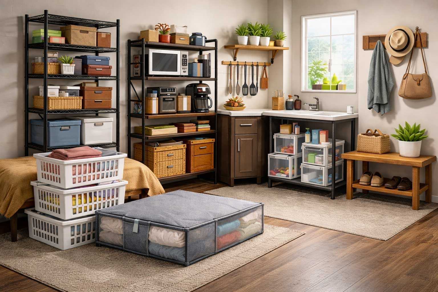 Photo of a small apartment interior featuring smart storage solutions, including a tall black metal shelving unit with bins and baskets, stackable closet organizers, under-bed storage containers, a multi-tier kitchen rack with appliances, and clear under-sink drawers in a compact, well-organized space.