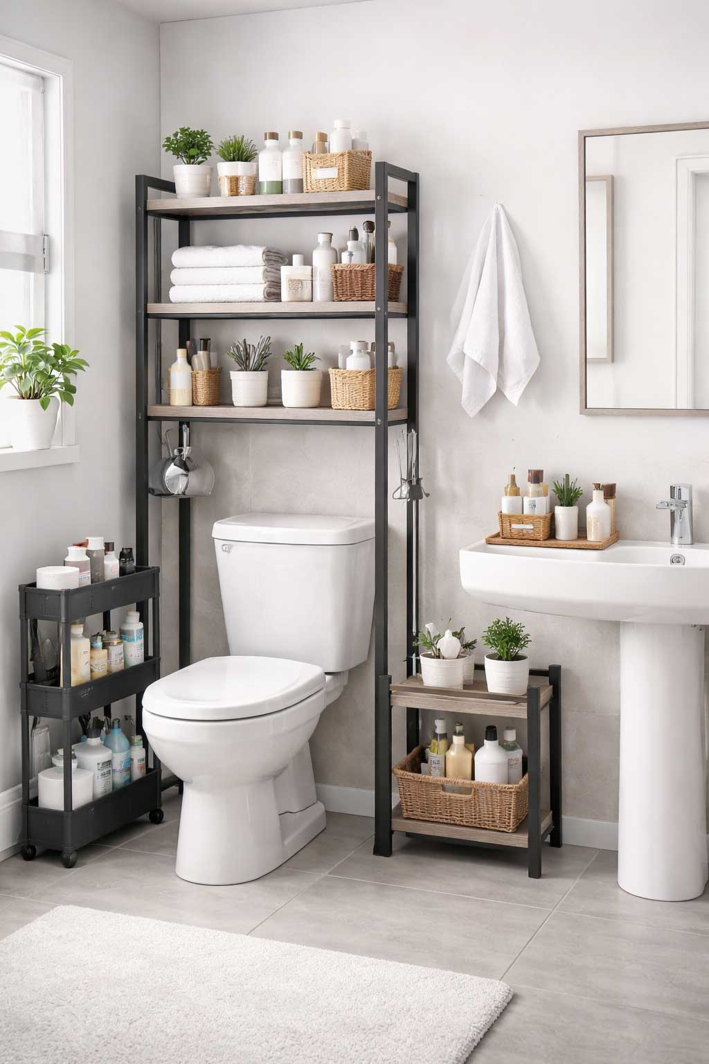 Small bathroom without cabinets featuring over-the-toilet storage and slim shelving
