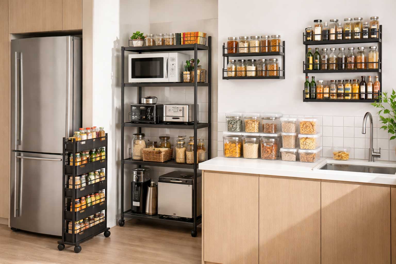 Small apartment kitchen with rolling pantry cart, vertical storage shelf, and stackable food containers