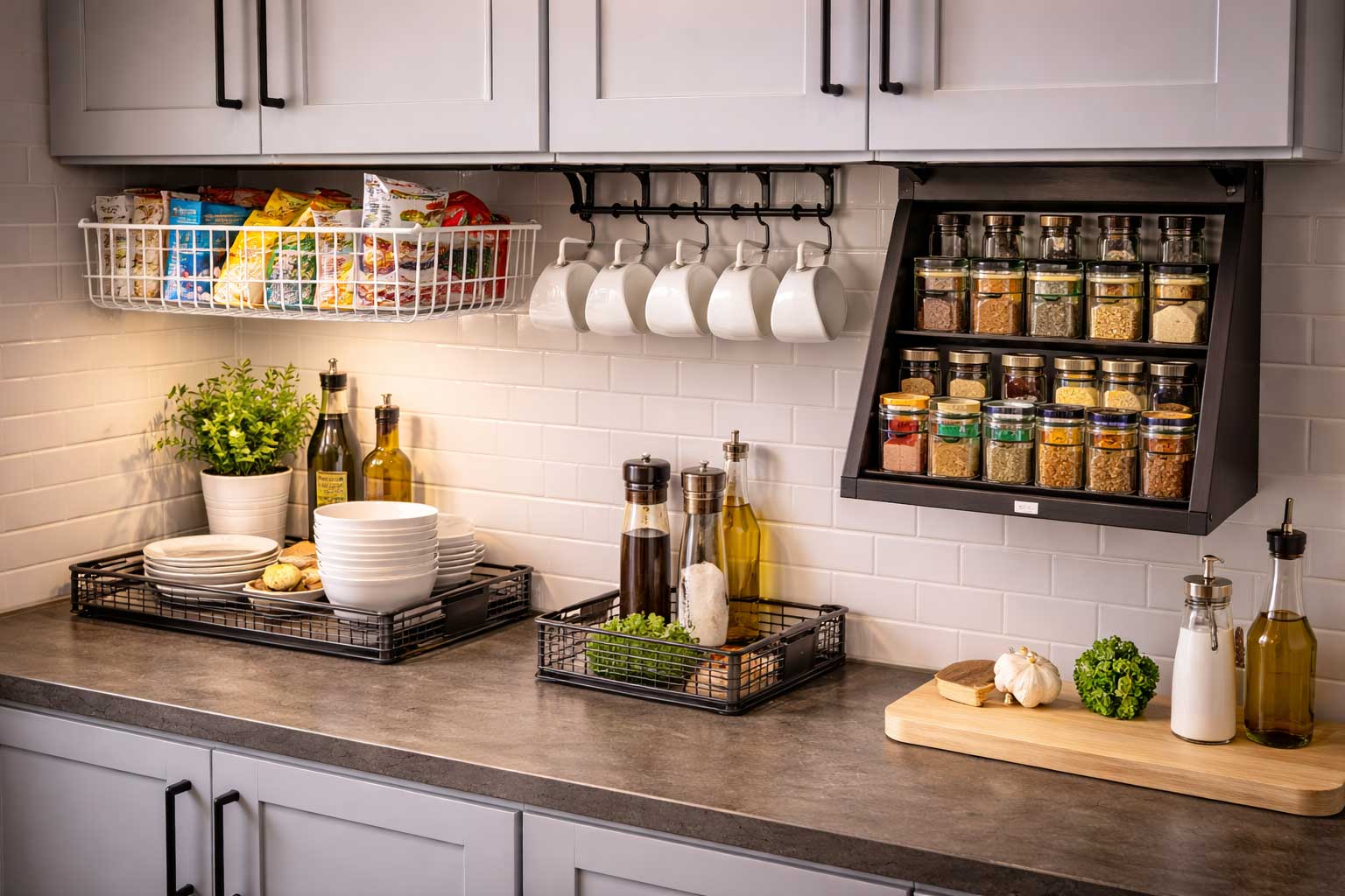 Small kitchen with under-cabinet storage, including a hanging wire basket, mug hooks with cups, and a pull-down spice rack above a clean countertop.