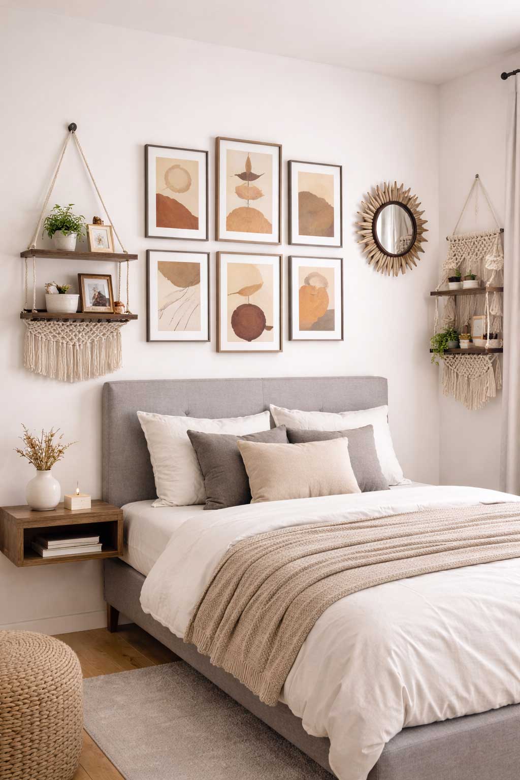 small apartment bedroom wall featuring gallery art sunburst mirror and macrame shelves creating layered boho wall decor
