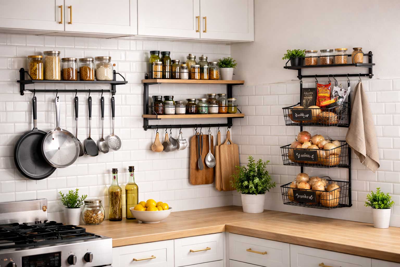 Small apartment kitchen wall featuring mounted pot racks, floating shelves with spice jars, and tiered wire basket storage holding produce above a clean wooden countertop.