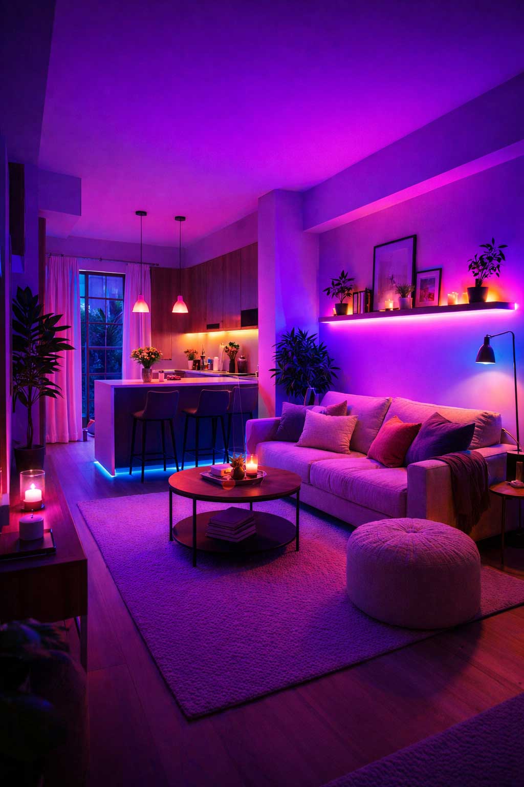 Ambient LED lighting illuminating a modern small apartment living room with colorful purple and blue light strips, cozy sofa seating area, and open-concept kitchen creating a vibrant ambient atmosphere.