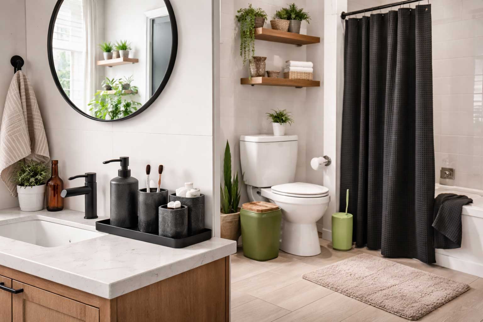 Modern apartment bathroom with a coordinated black accessory set on the vanity, a round mirror, black shower curtain, and warm wood accents throughout the space.