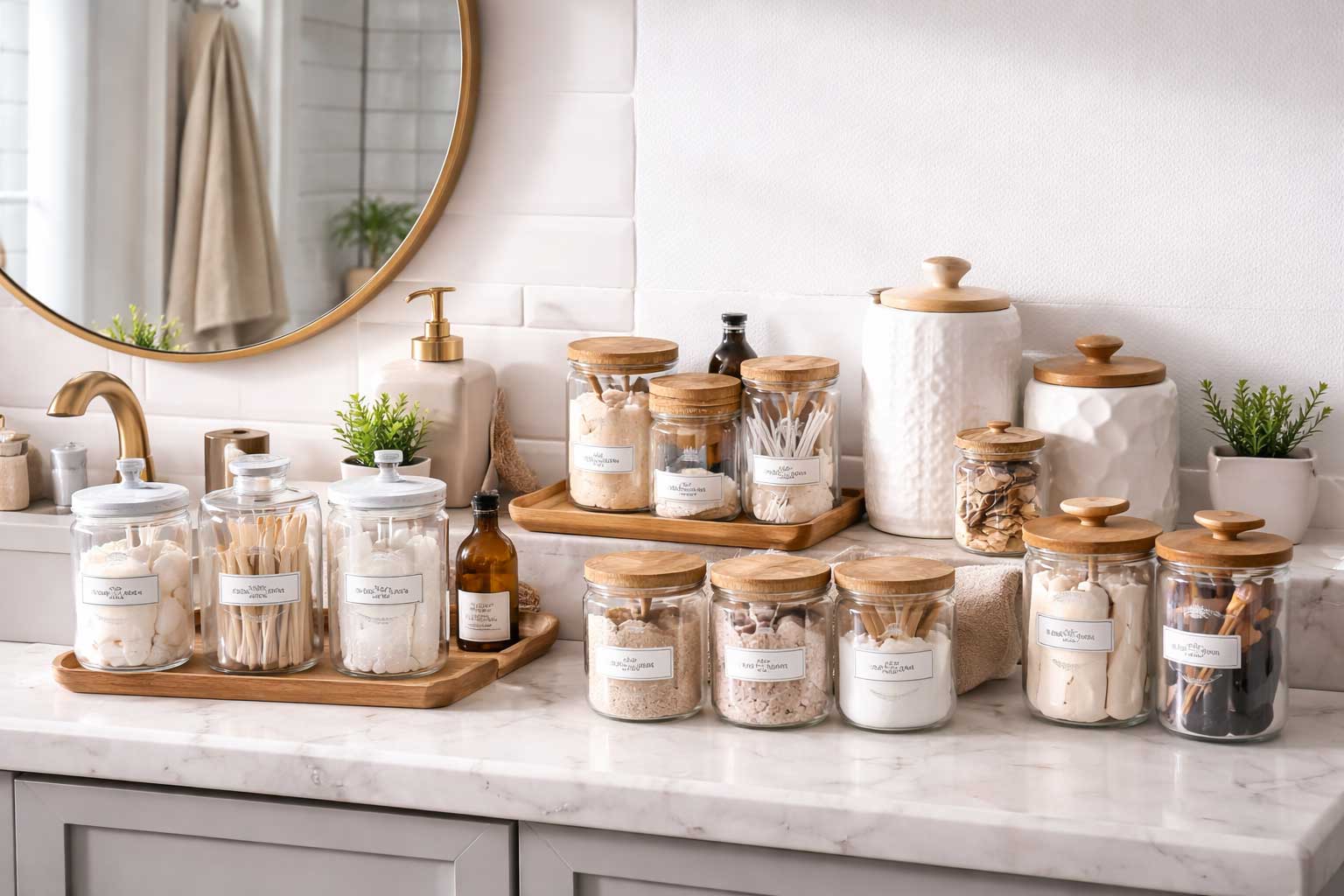Apartment bathroom vanity with clear apothecary jars and white lidded canisters neatly arranged on a marble-look countertop beside a round mirror and brass faucet.