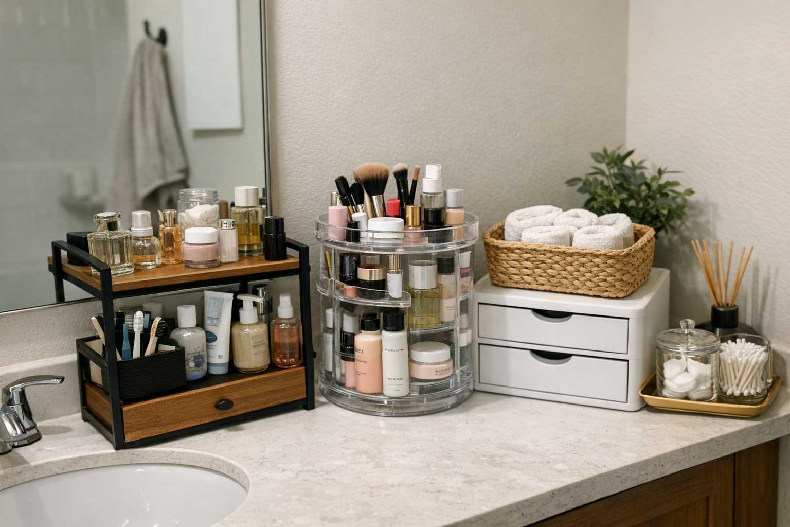 Small apartment bathroom vanity with countertop organizers holding skincare, makeup, toiletries, rolled towels, and bathroom essentials arranged neatly around the sink.