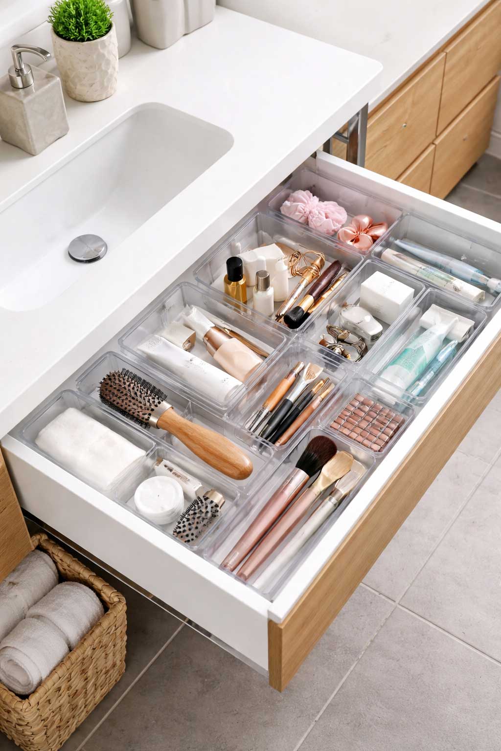 Open bathroom vanity drawer with clear organizer trays neatly separating skincare, dental items, grooming tools, brushes, and small bathroom essentials.