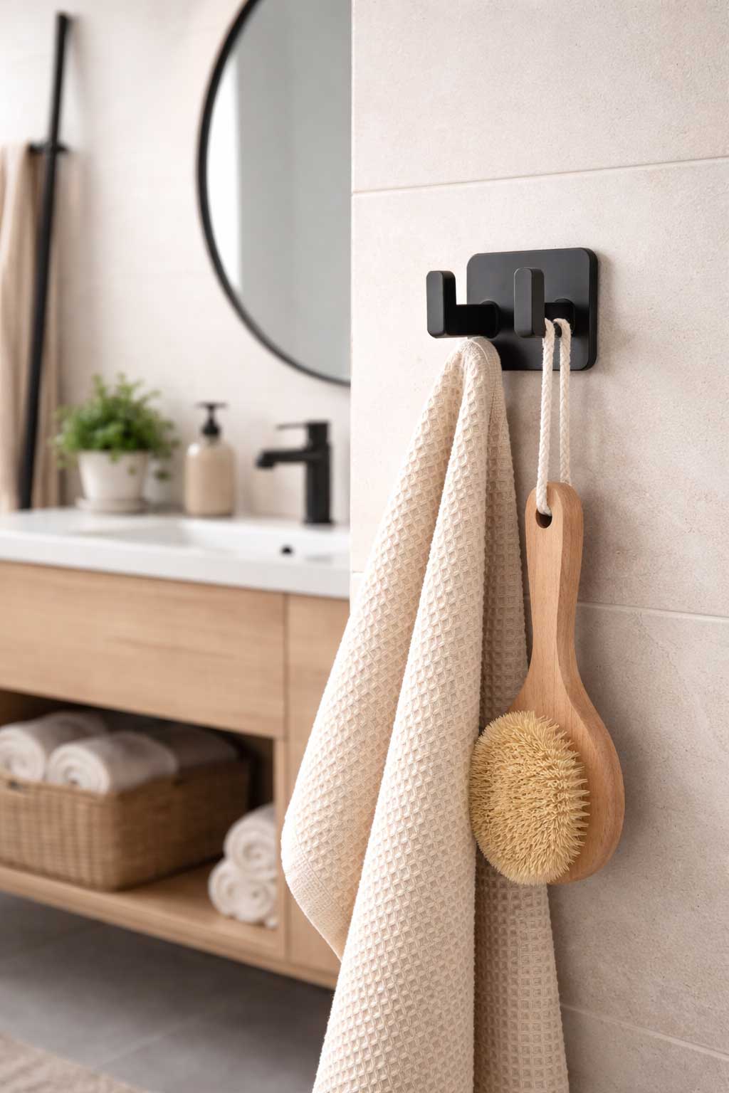 Realistic apartment bathroom with a matte black wall hook holding a beige towel and wooden bath brush beside a modern vanity and round mirror.