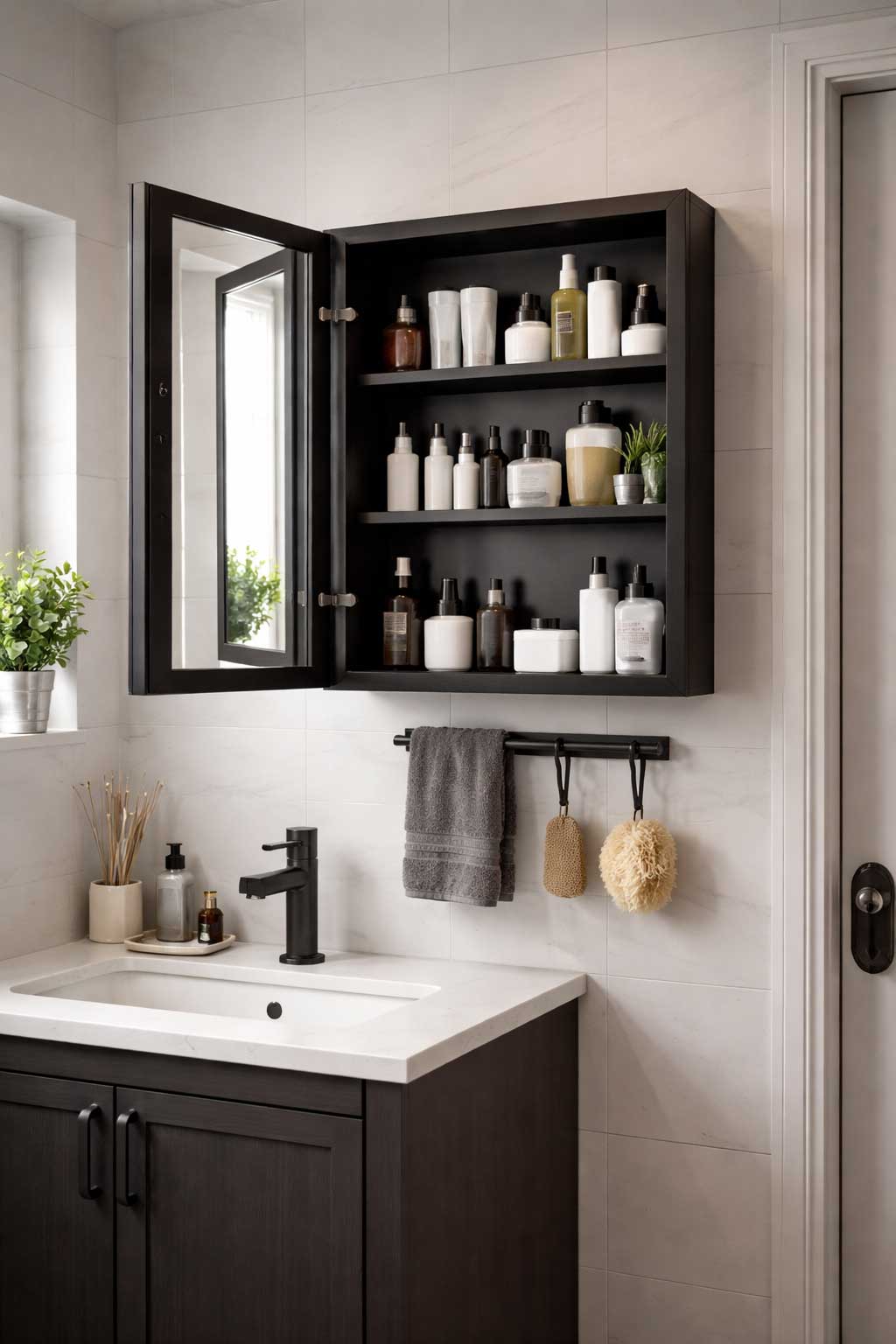 Realistic small apartment bathroom featuring a wall-mounted black mirrored cabinet above a compact vanity, with neatly organized toiletries, matte black fixtures, and a clean modern layout.