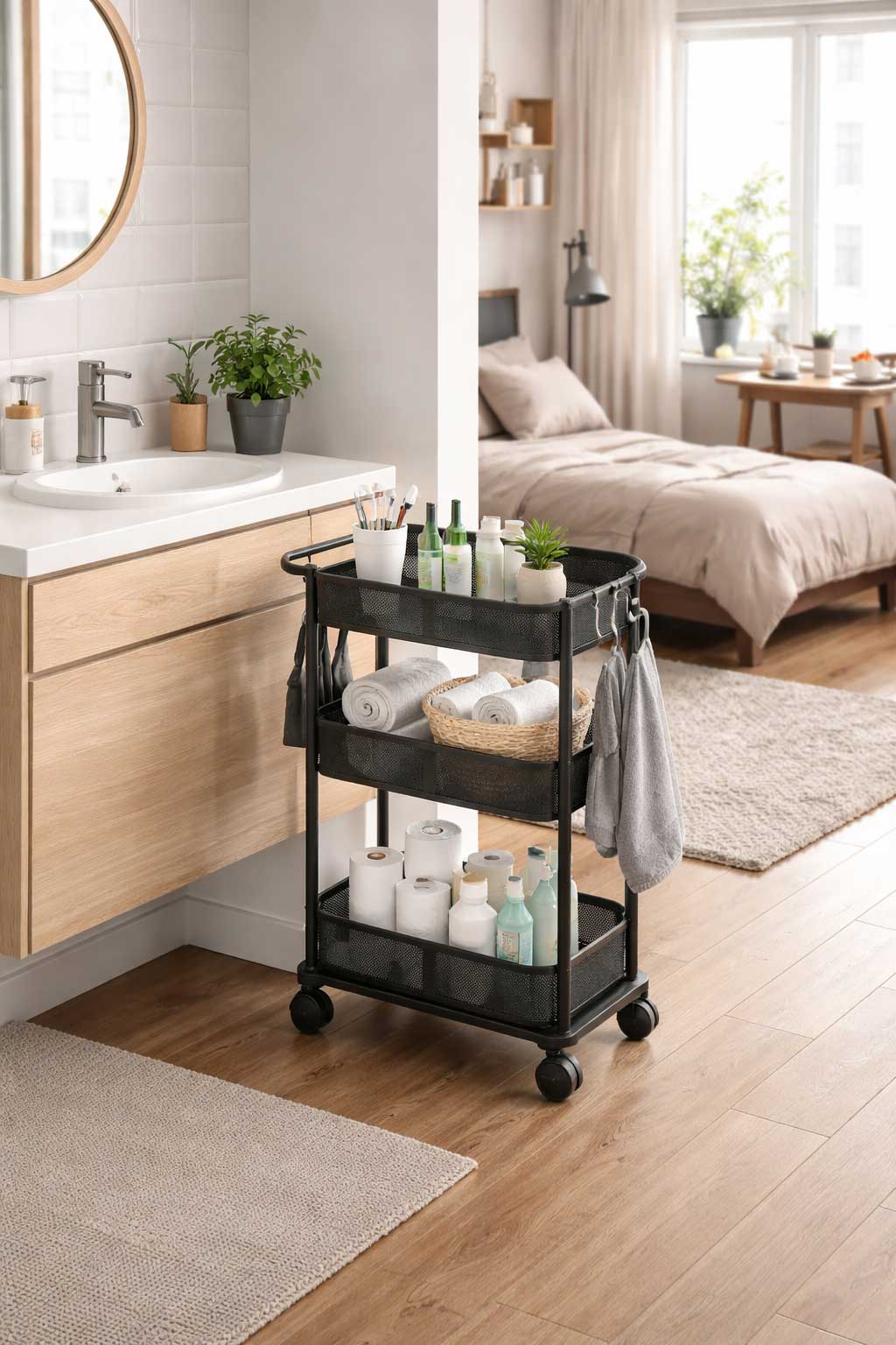Studio apartment bathroom area with a black three-tier rolling cart beside a light wood vanity, stocked with towels, toiletries, and bathroom supplies.