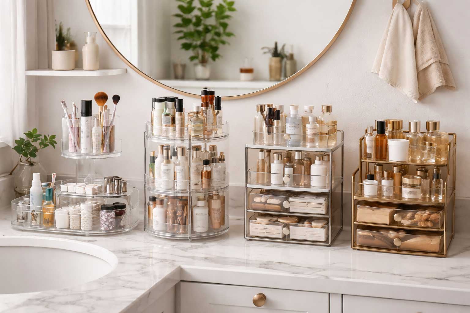 Modern apartment bathroom vanity with clear and gold organizers neatly holding skincare, toiletries, makeup, and small bathroom essentials on a marble-look countertop.