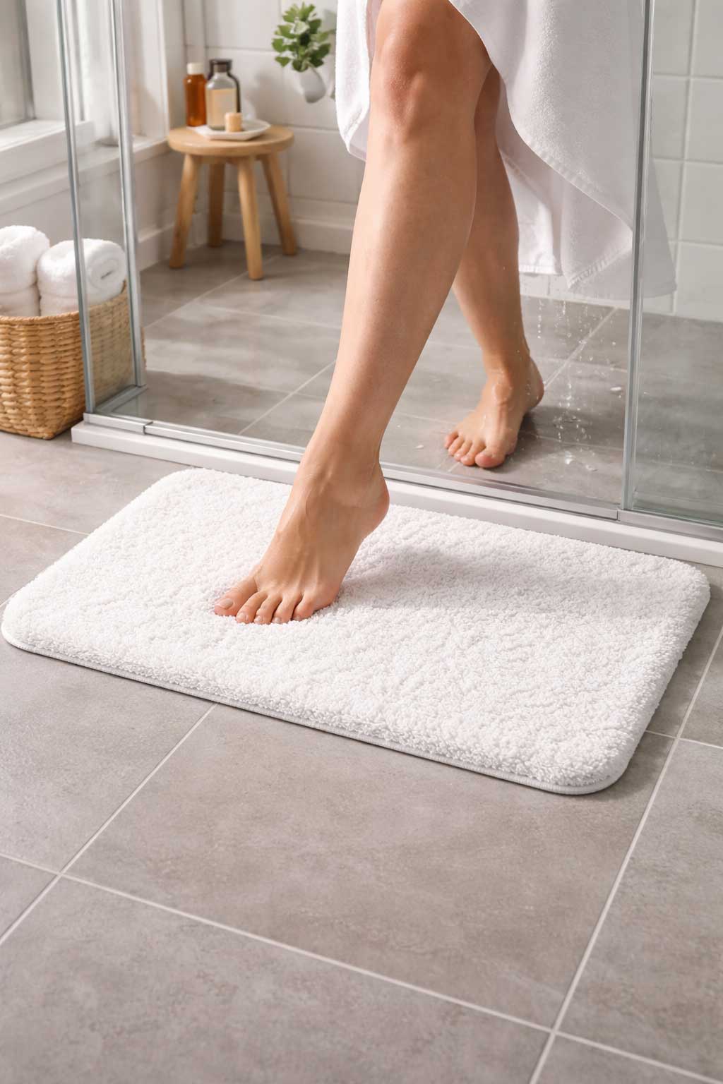 Woman stepping out of a glass shower onto a compact white bath mat in a small modern bathroom with light tile flooring.