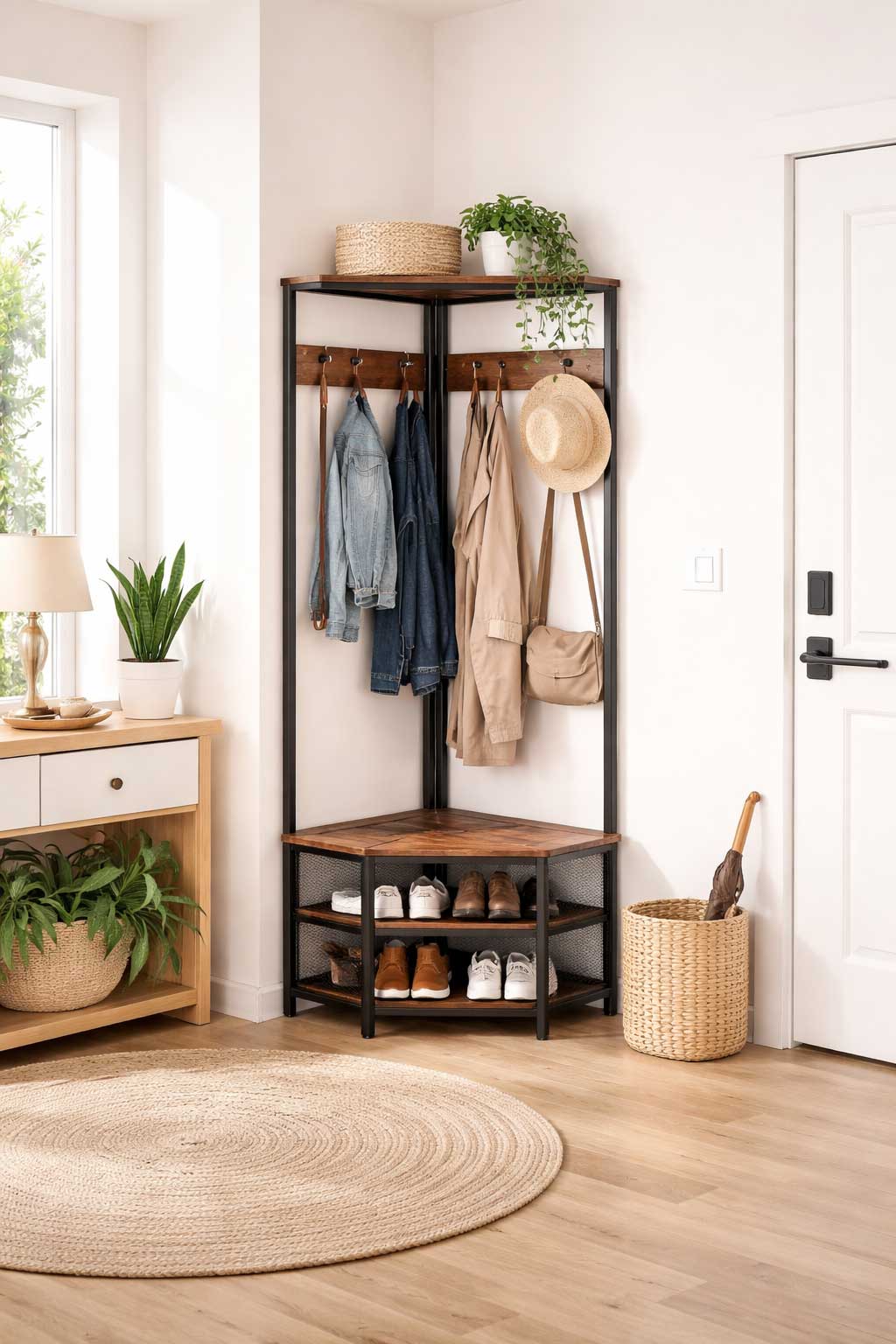Modern small apartment entryway with a corner hall tree featuring coat hooks, corner shelves, and shoe storage beside the front door.