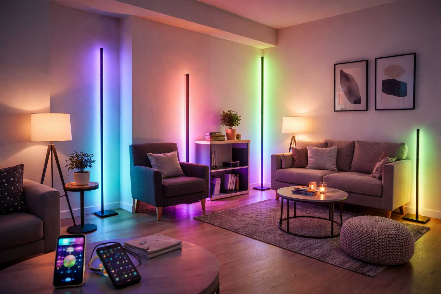 RGB corner LED floor lamps illuminating the corners of a modern small apartment living room with colorful ambient lighting