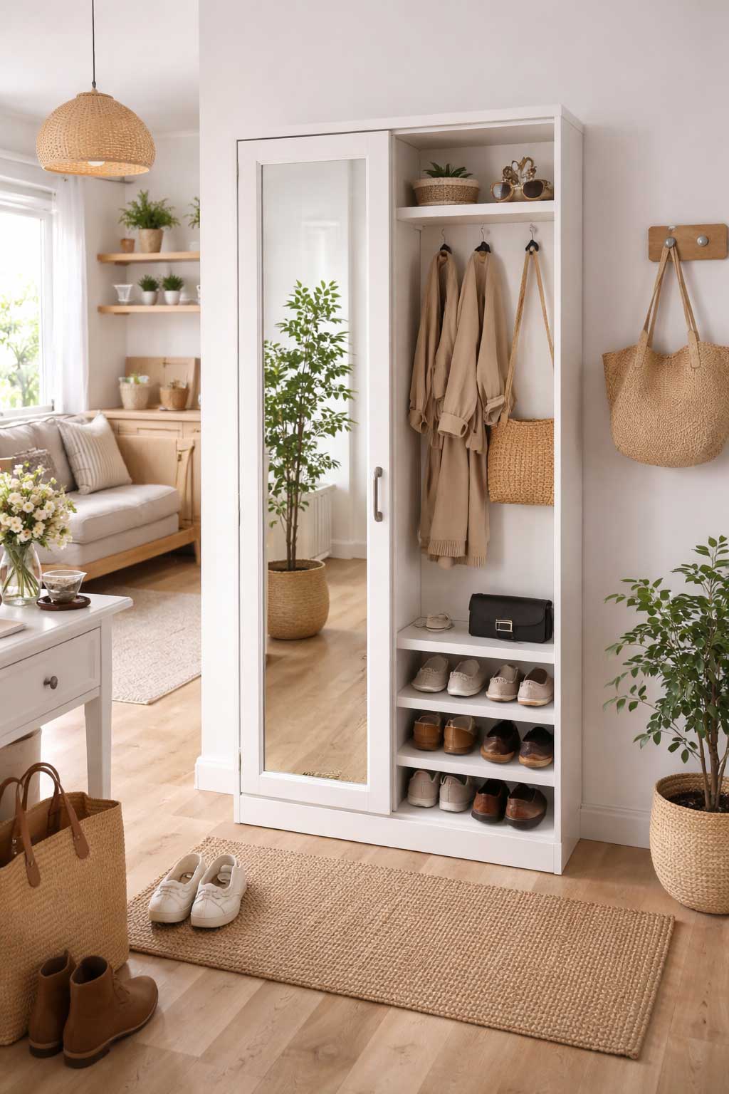 Natural small apartment entryway with a white mirror cabinet featuring hidden storage for shoes and everyday essentials, shown in a bright, realistic interior with woven textures and plants.